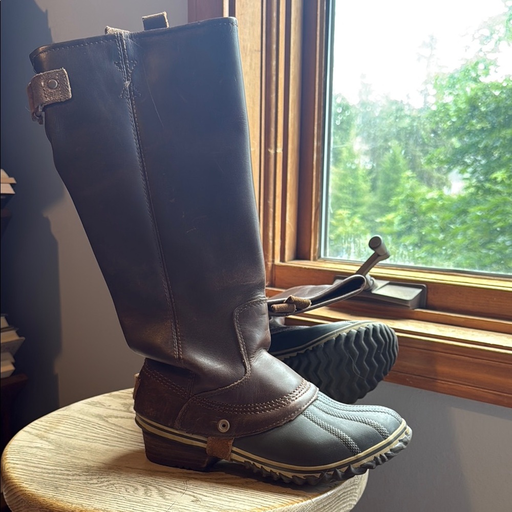 Discontinued Sorel Slimpack Leather Rain Boots / Brown Leather Knee-High Boots